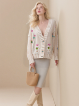 Women's Button Embroidery Twisted Knit Cardigan V-neck Long Sleeve Short Sweater