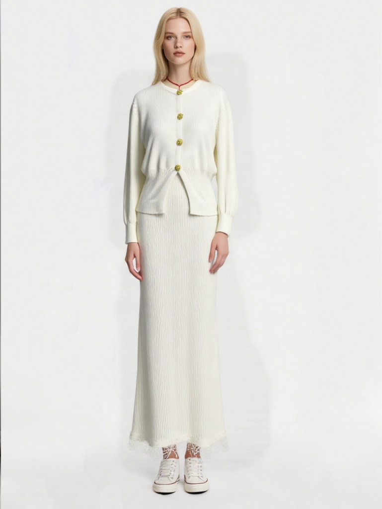 Women's autumn and winter knitted two-piece set, stylish and versatile long sleeve knitted cardigan outfit, jacquard sweater coat, loose fit casual knitted pants two-piece set.