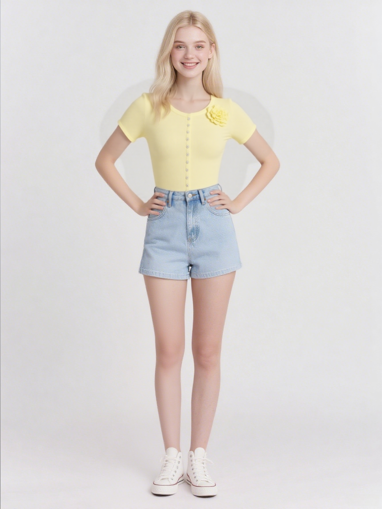 Women's short cardigan sweater, short-sleeved crochet knit crop top, dropped shoulder, button top