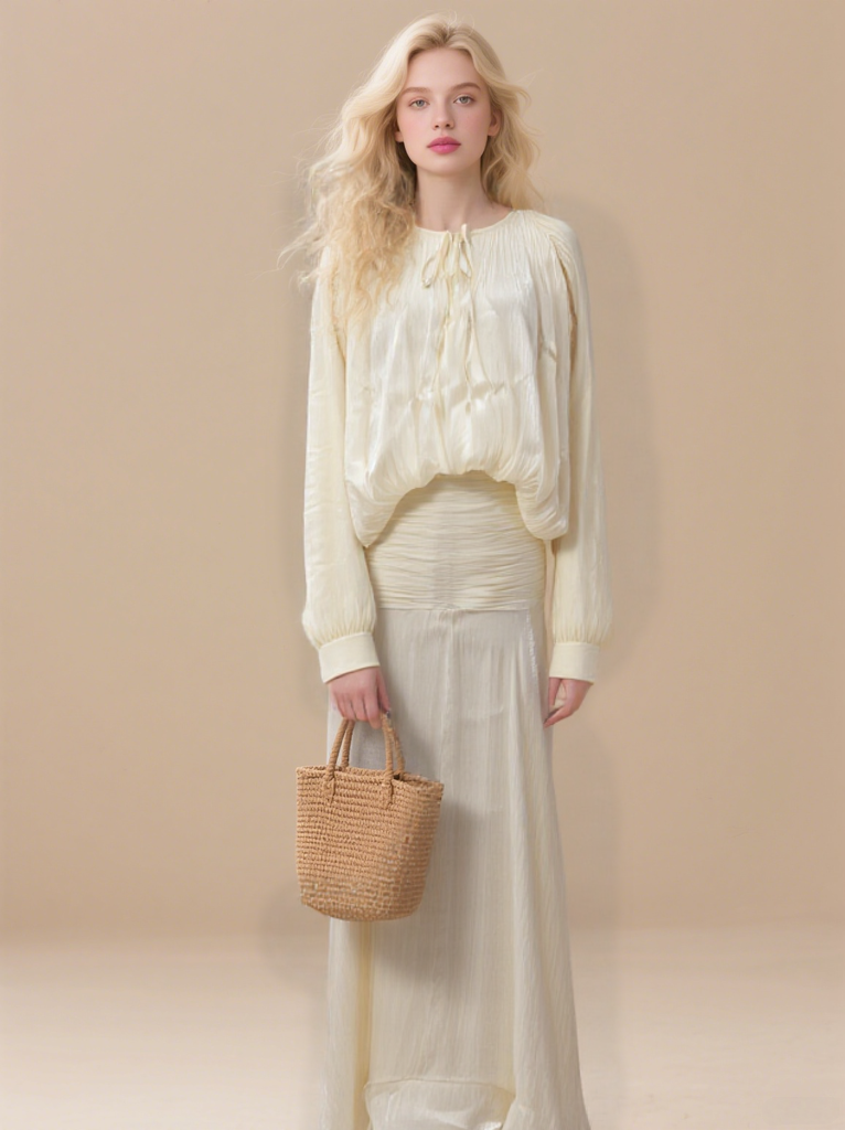 Women's loose elegant pleated mini round neck lantern long sleeve dress