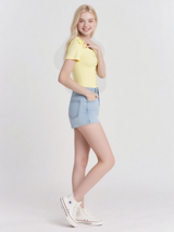 Women's short cardigan sweater, short-sleeved crochet knit crop top, dropped shoulder, button top