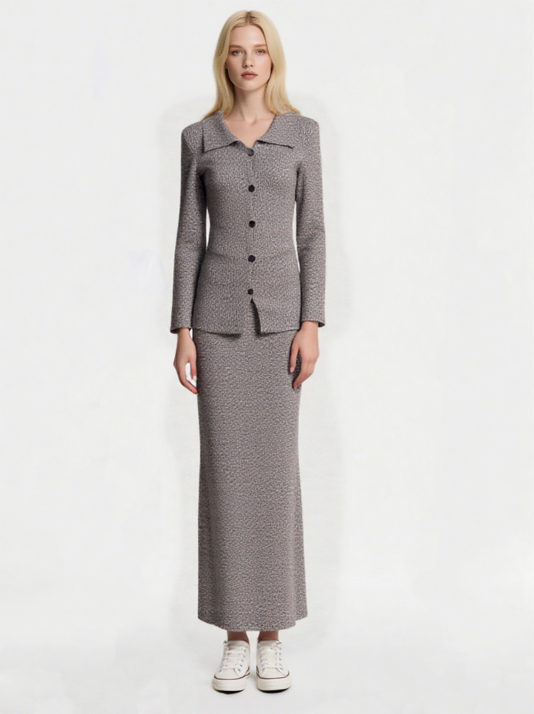 Women's long sleeve lapel single-breasted jacket and mid-length skirt two-piece set