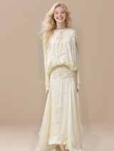 Women's loose elegant pleated mini round neck lantern long sleeve dress