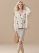Women's Button Embroidery Twisted Knit Cardigan V-neck Long Sleeve Short Sweater