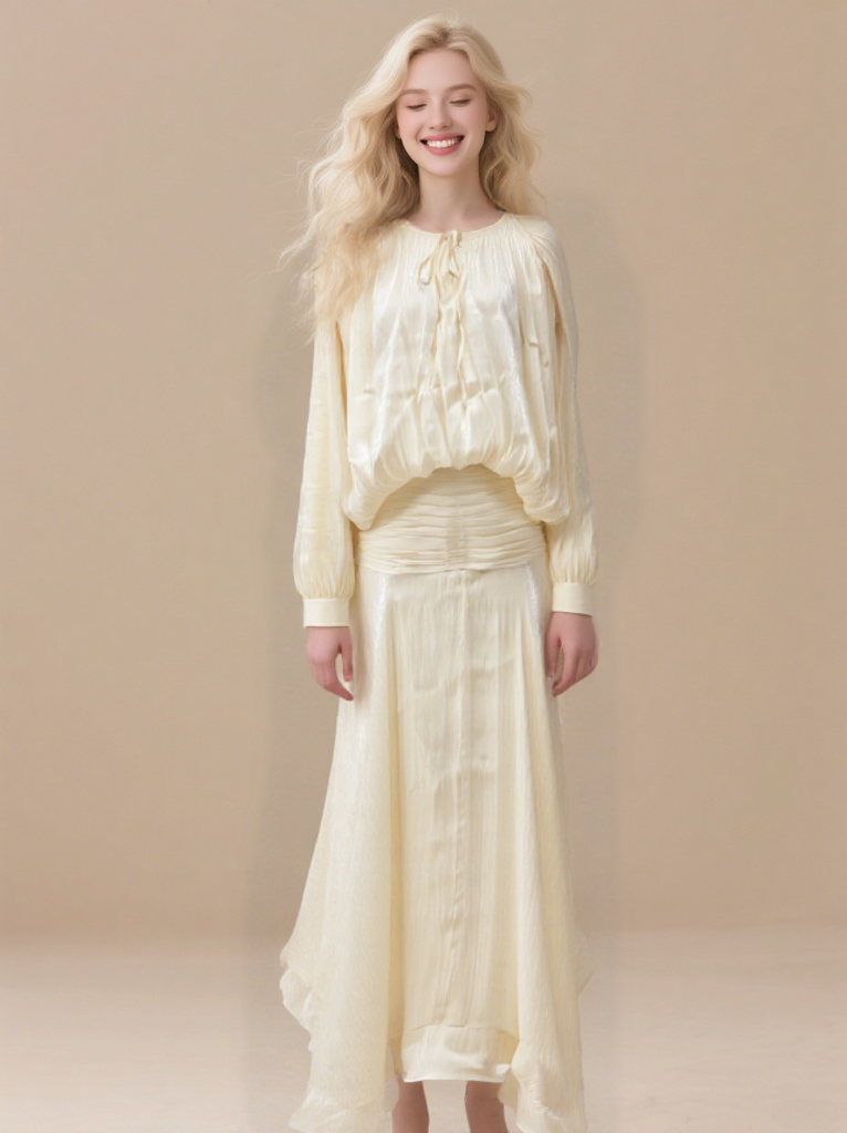 Women's loose elegant pleated mini round neck lantern long sleeve dress