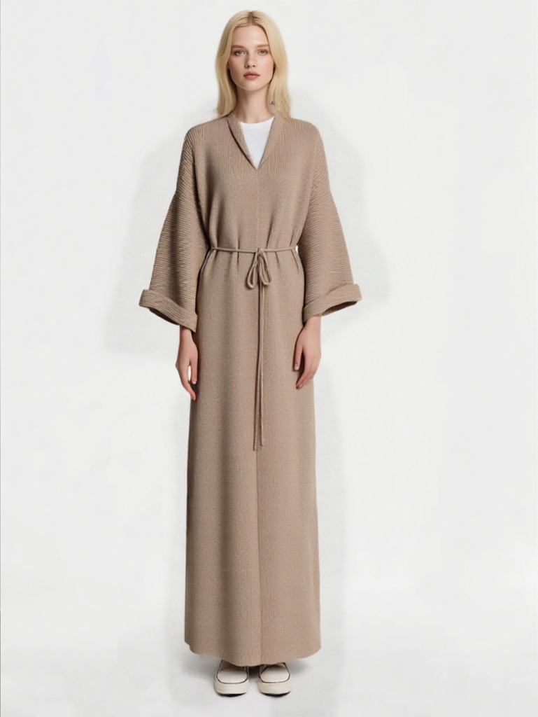 Women's V-neck cashmere knit dress, long sleeve, loose fit, casual dress