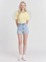 Women's short cardigan sweater, short-sleeved crochet knit crop top, dropped shoulder, button top