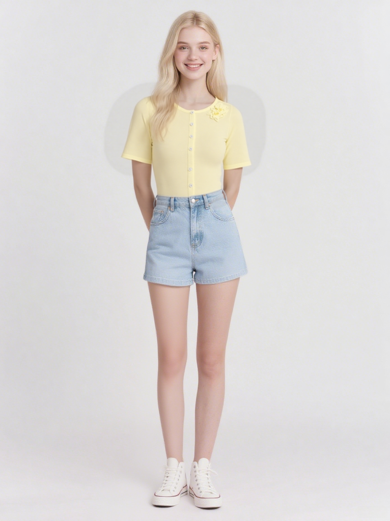 Women's short cardigan sweater, short-sleeved crochet knit crop top, dropped shoulder, button top