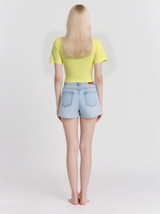 Women's short cardigan sweater, short-sleeved crochet knit crop top, dropped shoulder, button top