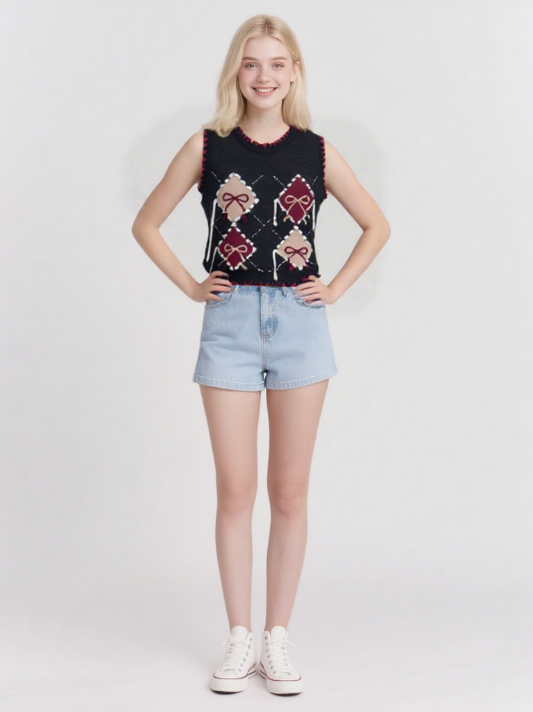 Women's jacquard round collar knitted vest, summer top vest