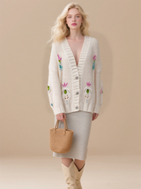 Women's Button Embroidery Twisted Knit Cardigan V-neck Long Sleeve Short Sweater