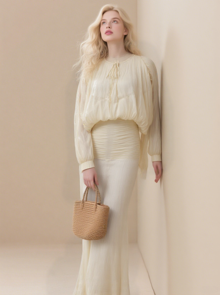 Women's loose elegant pleated mini round neck lantern long sleeve dress