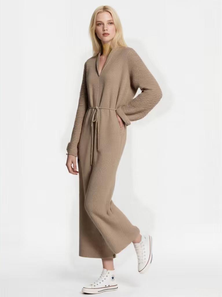 Women's V-neck cashmere knit dress, long sleeve, loose fit, casual dress