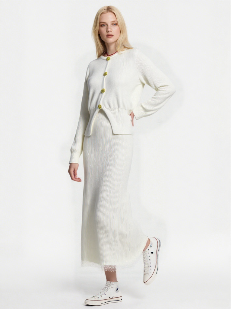 Women's autumn and winter knitted two-piece set, stylish and versatile long sleeve knitted cardigan outfit, jacquard sweater coat, loose fit casual knitted pants two-piece set.