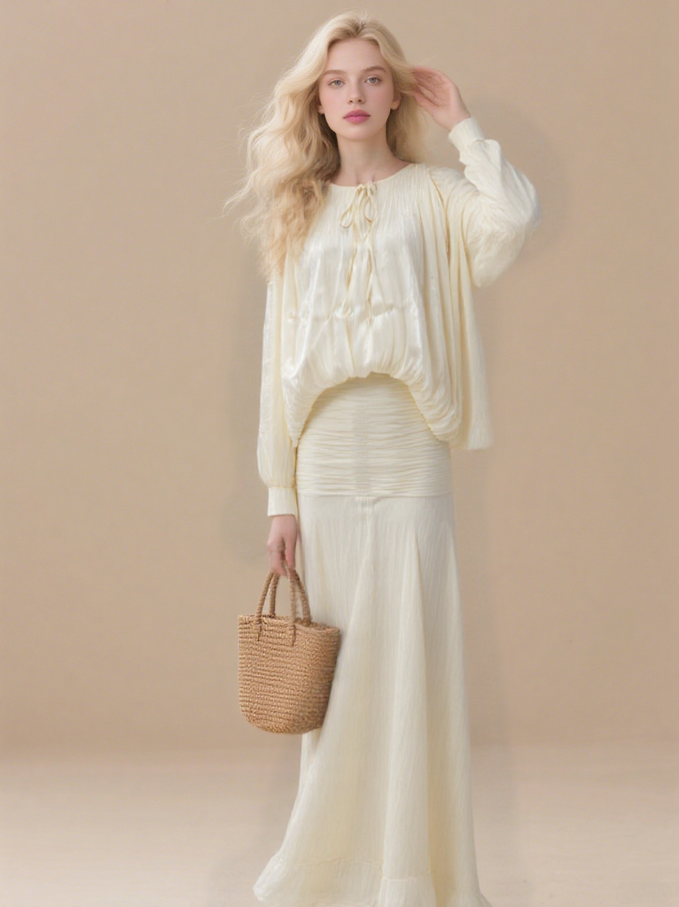 Women's loose elegant pleated mini round neck lantern long sleeve dress