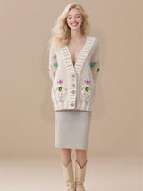 Women's Button Embroidery Twisted Knit Cardigan V-neck Long Sleeve Short Sweater