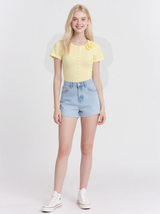 Women's short cardigan sweater, short-sleeved crochet knit crop top, dropped shoulder, button top