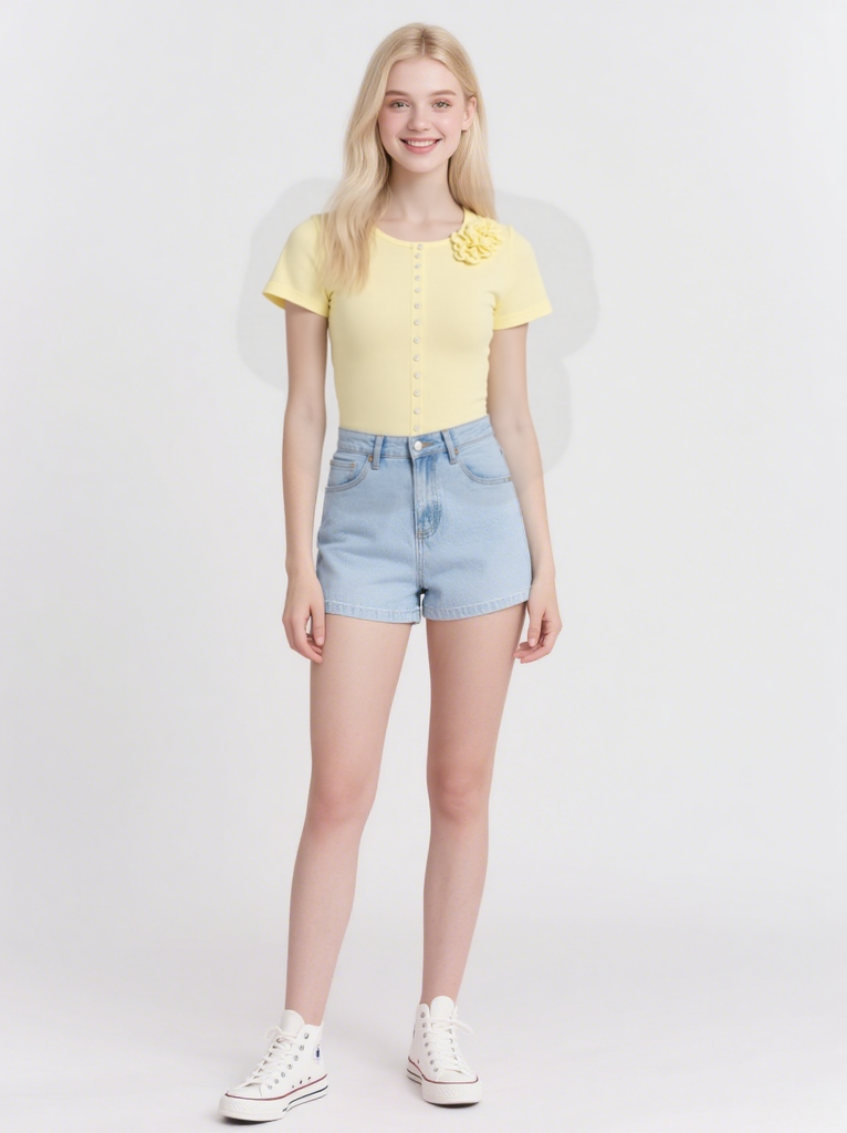 Women's short cardigan sweater, short-sleeved crochet knit crop top, dropped shoulder, button top