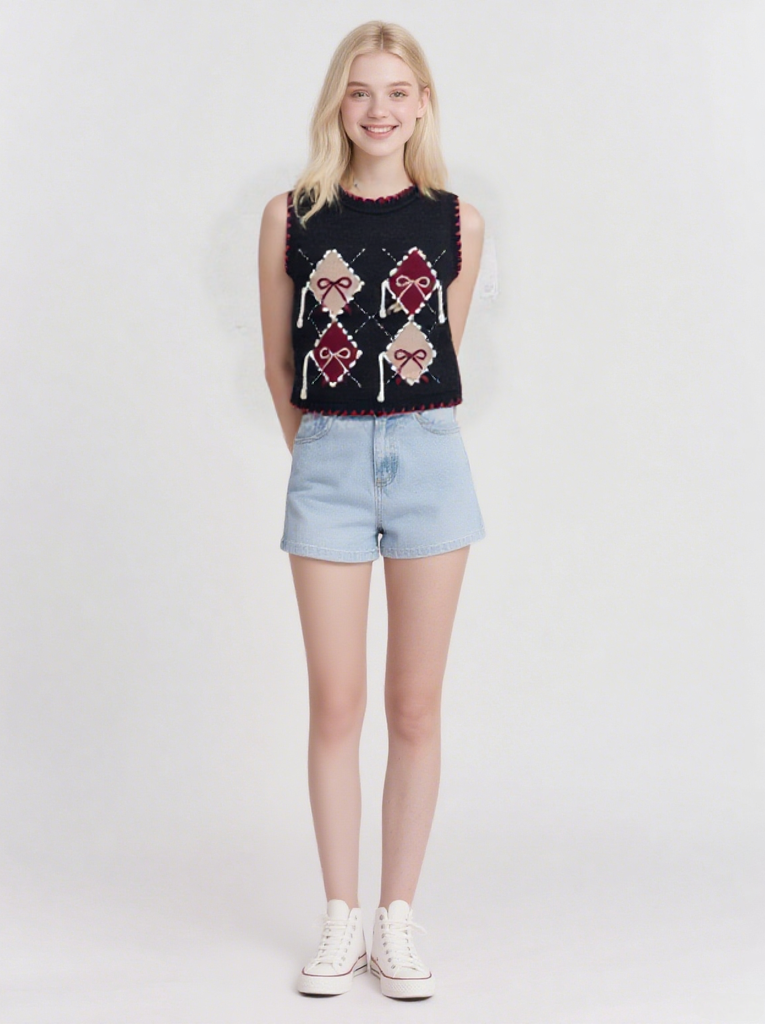 Women's jacquard round collar knitted vest, summer top vest