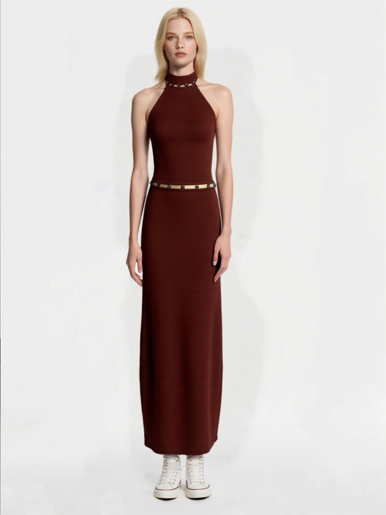 Women's sexy halter neck high collar sleeveless elegant party and wedding guest formal long dress